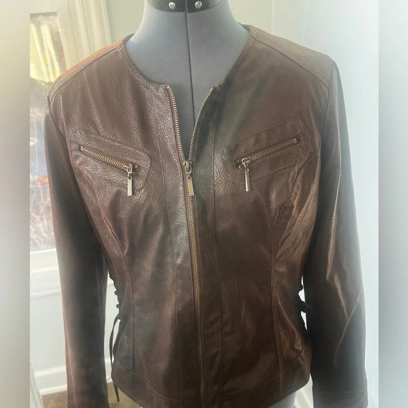 M By Marc Bouwer Sz M Brown Faux Leather Jacket Coat Side Lace up Leopard lining - Picture 12 of 16